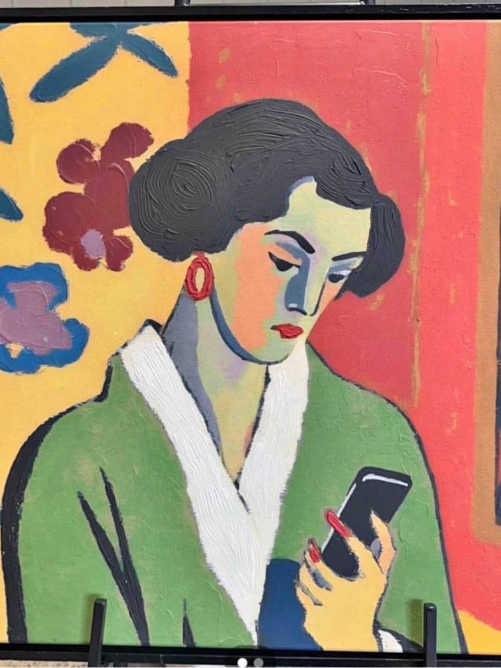 Anthropologie Green and Coral Modern Portrait Painting